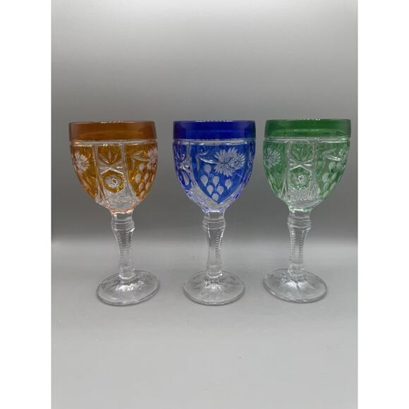 Anna Hutte Echt Bleikristall Blue, Green & Orange Crystal Wine Goblets Set 3 - Picture 1 of 7